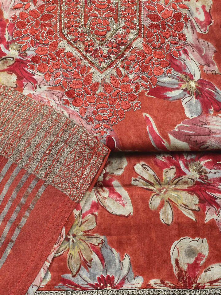 Rust Embroidered Cotton Blend Unstitched Suit &amp; Pant With Cotton Dupatta