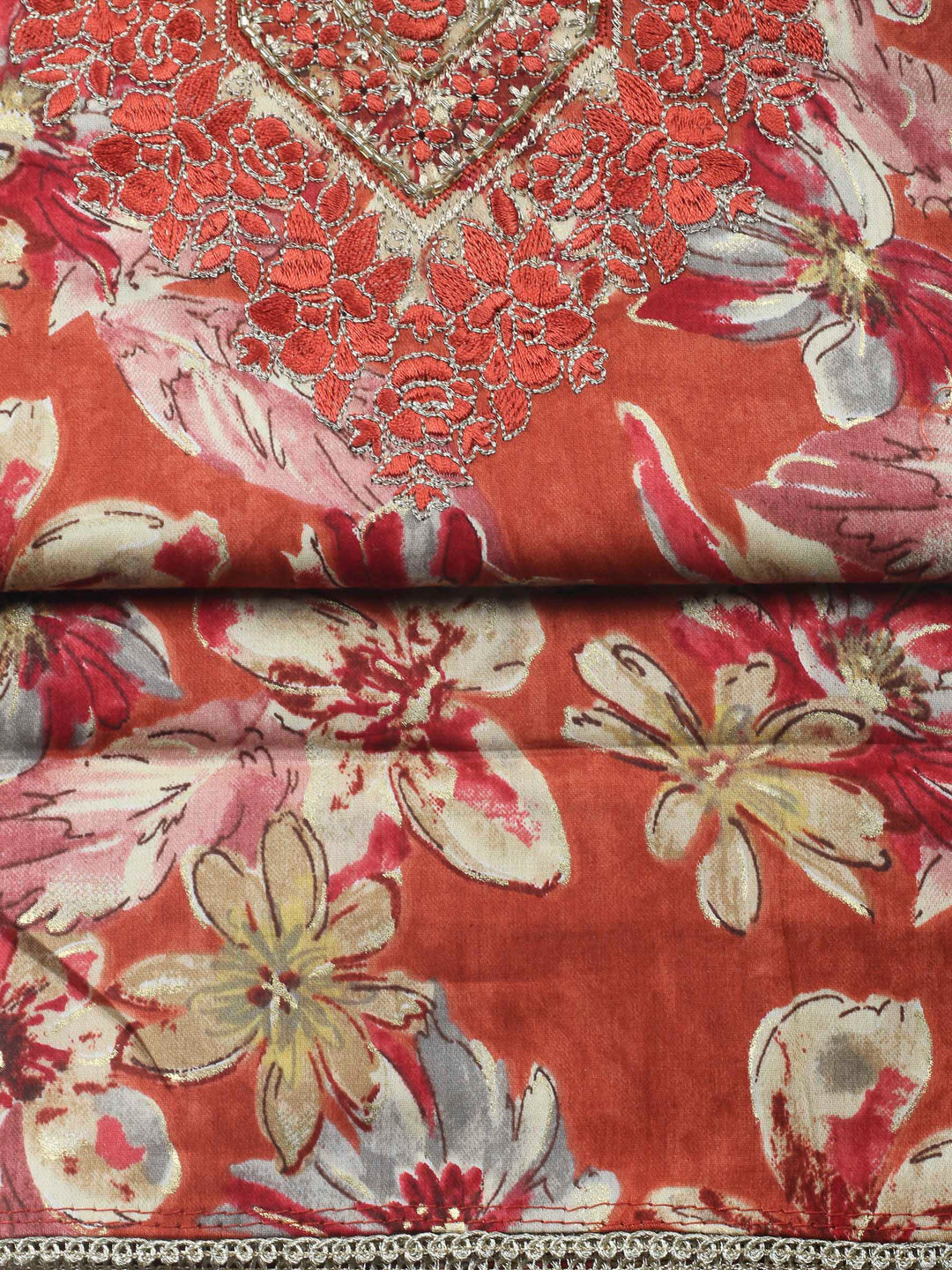 Rust Embroidered Cotton Blend Unstitched Suit &amp; Pant With Cotton Dupatta