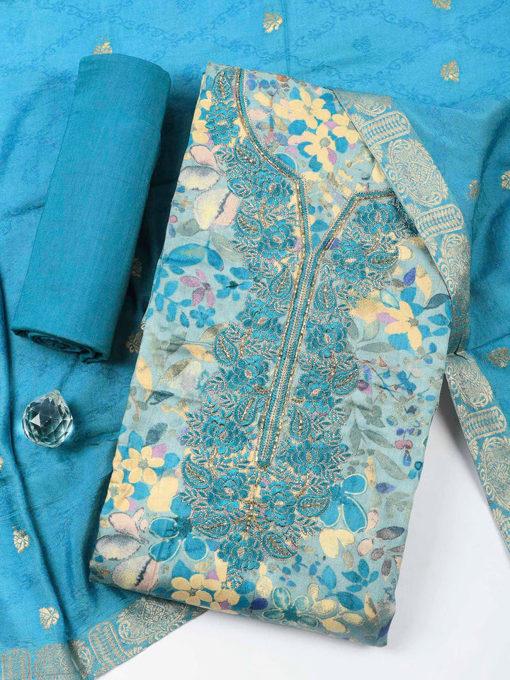 Blue Embroidered Cotton Blend Unstitched Suit &amp; Pant With Cotton Dupatta