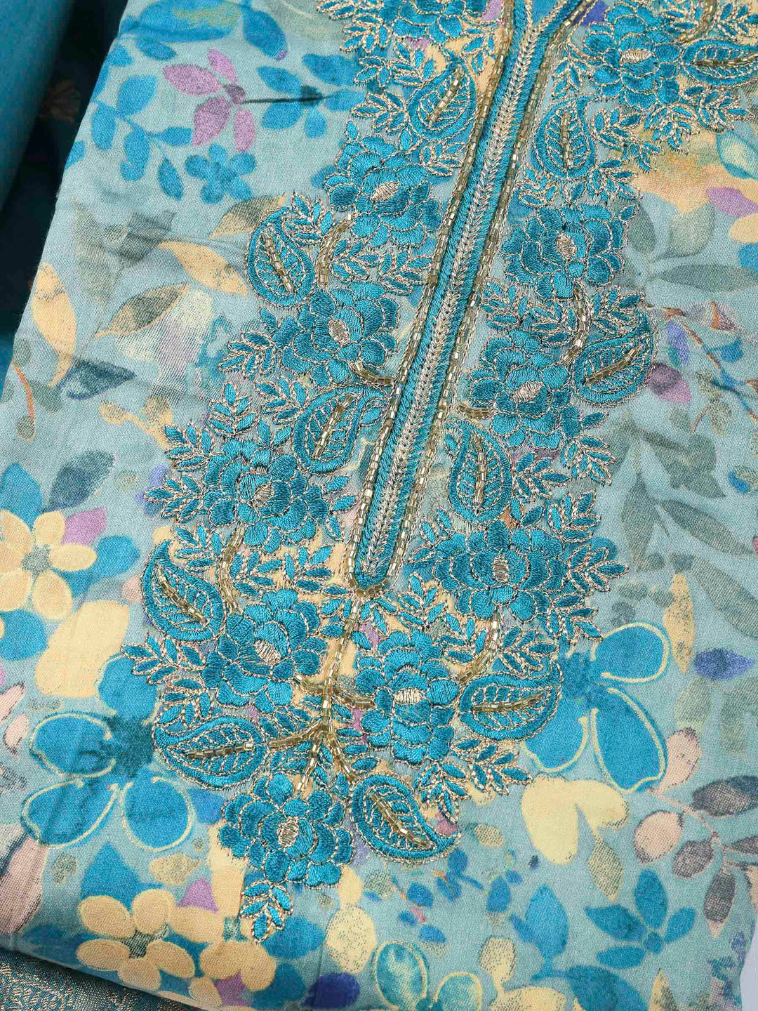 Blue Embroidered Cotton Blend Unstitched Suit &amp; Pant With Cotton Dupatta