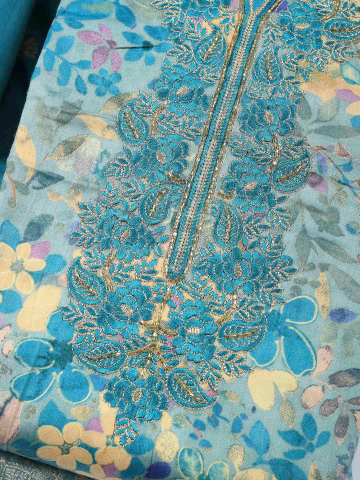 Blue Embroidered Cotton Blend Unstitched Suit &amp; Pant With Cotton Dupatta