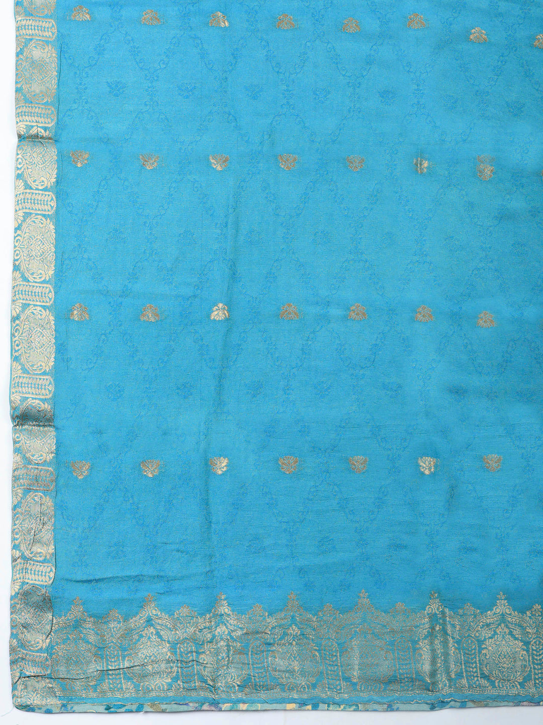 Blue Embroidered Cotton Blend Unstitched Suit &amp; Pant With Cotton Dupatta