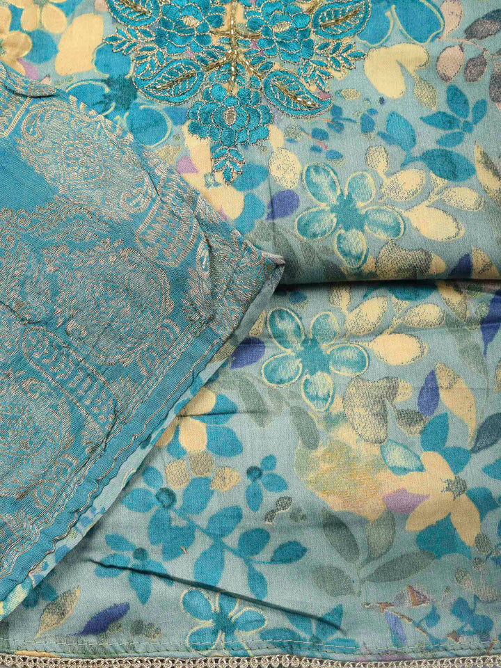 Blue Embroidered Cotton Blend Unstitched Suit &amp; Pant With Cotton Dupatta