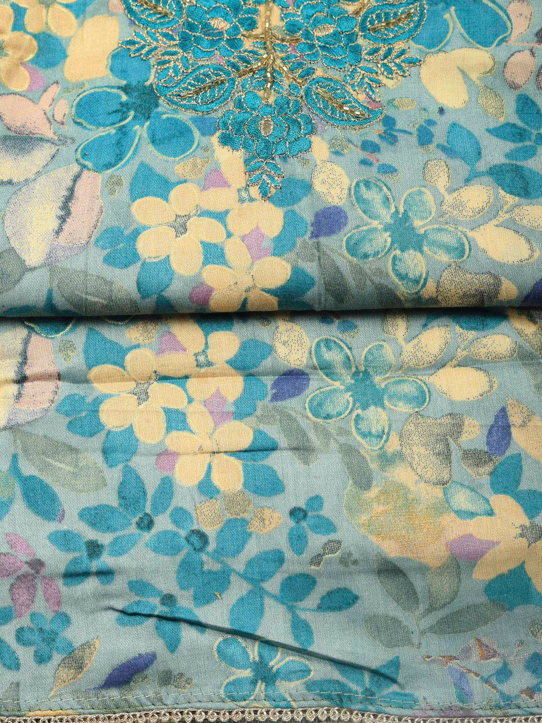 Blue Embroidered Cotton Blend Unstitched Suit &amp; Pant With Cotton Dupatta