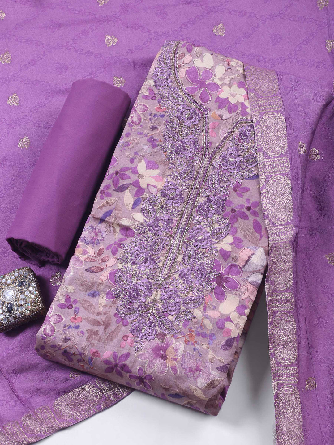 Lavender Embroidered Cotton Blend Unstitched Suit &amp; Pant With Cotton Dupatta