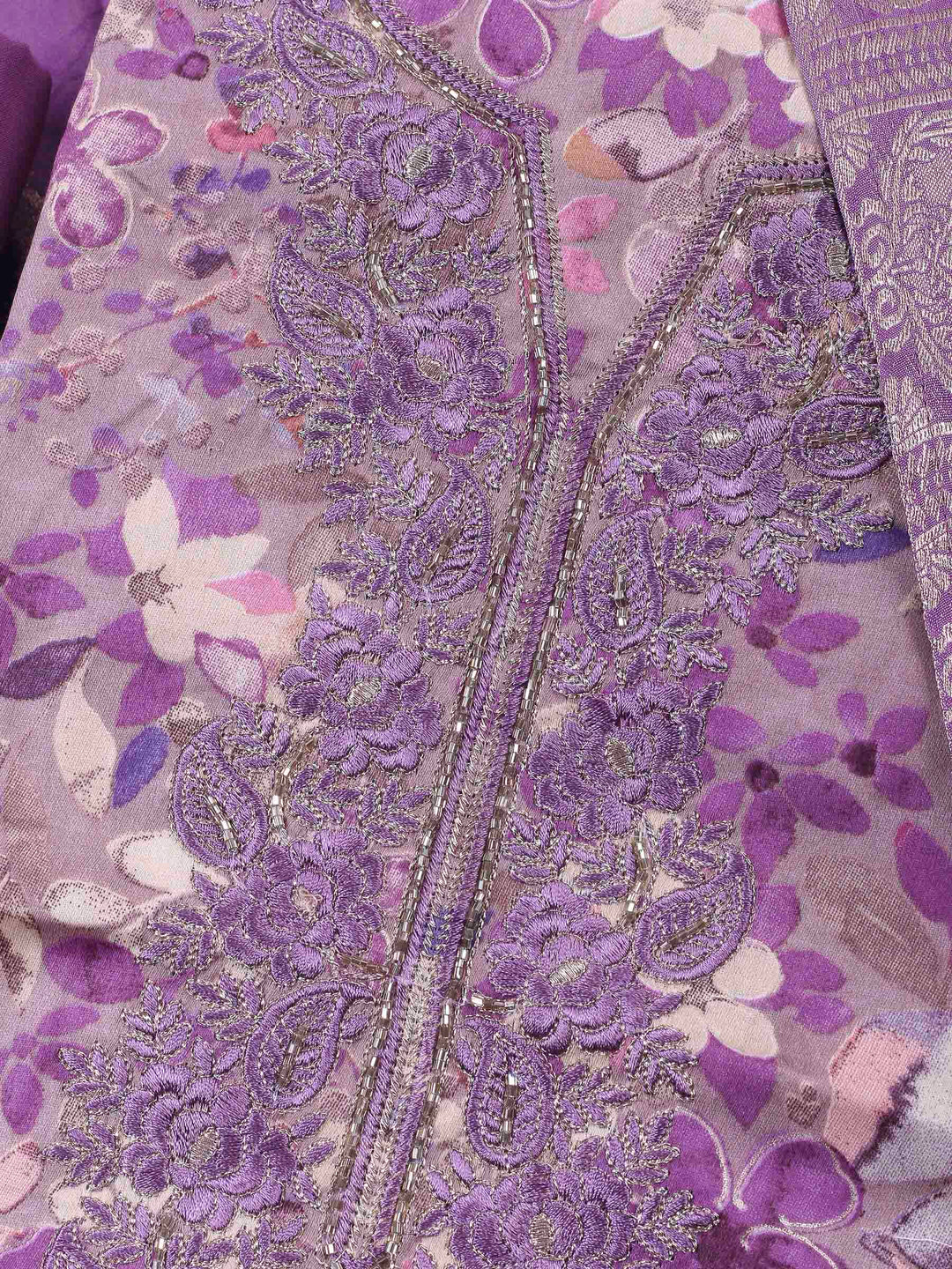 Lavender Embroidered Cotton Blend Unstitched Suit &amp; Pant With Cotton Dupatta