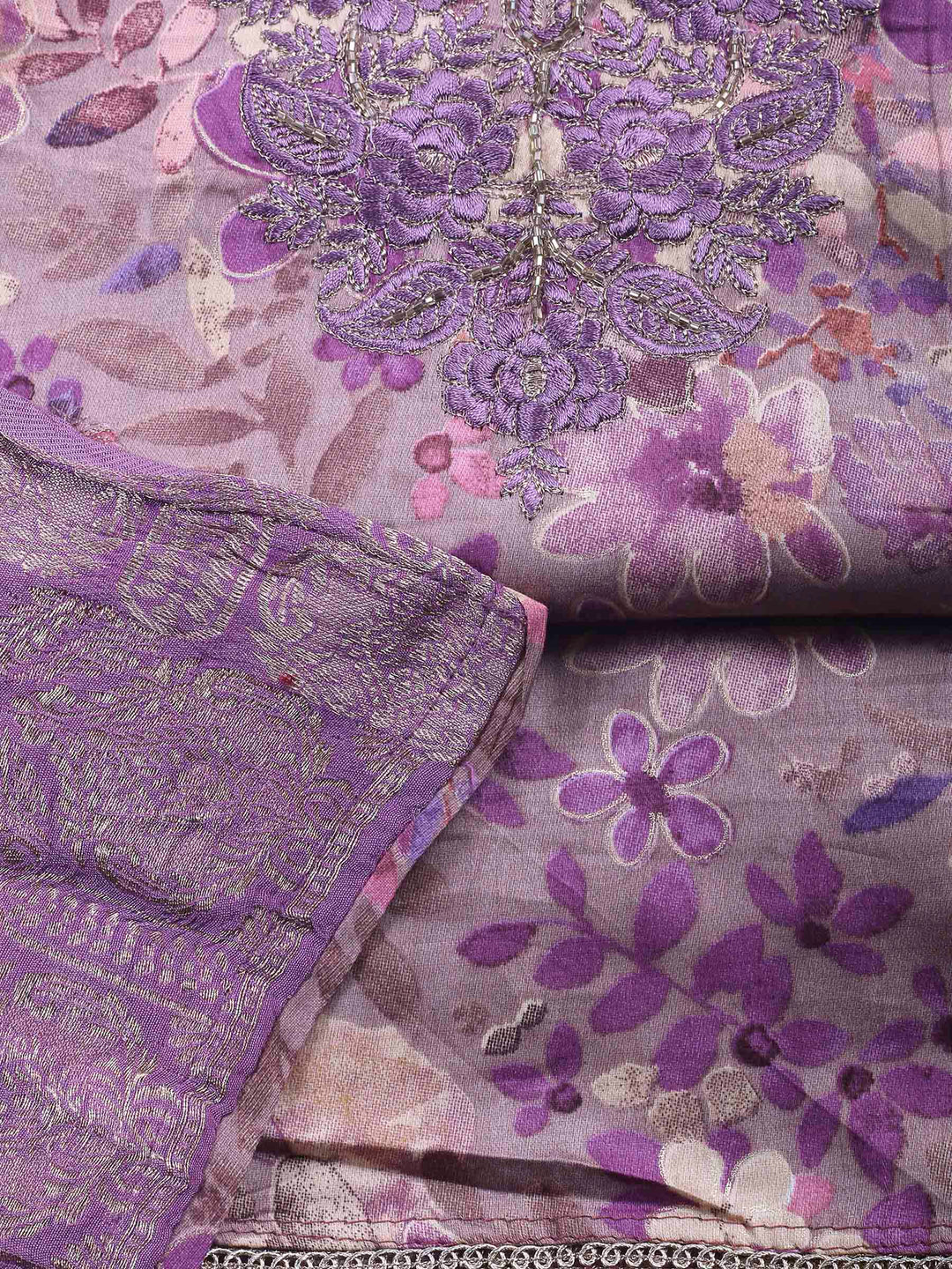 Lavender Embroidered Cotton Blend Unstitched Suit &amp; Pant With Cotton Dupatta