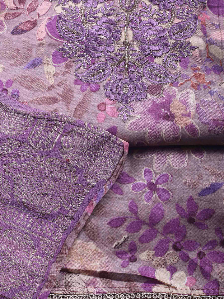 Lavender Embroidered Cotton Blend Unstitched Suit &amp; Pant With Cotton Dupatta