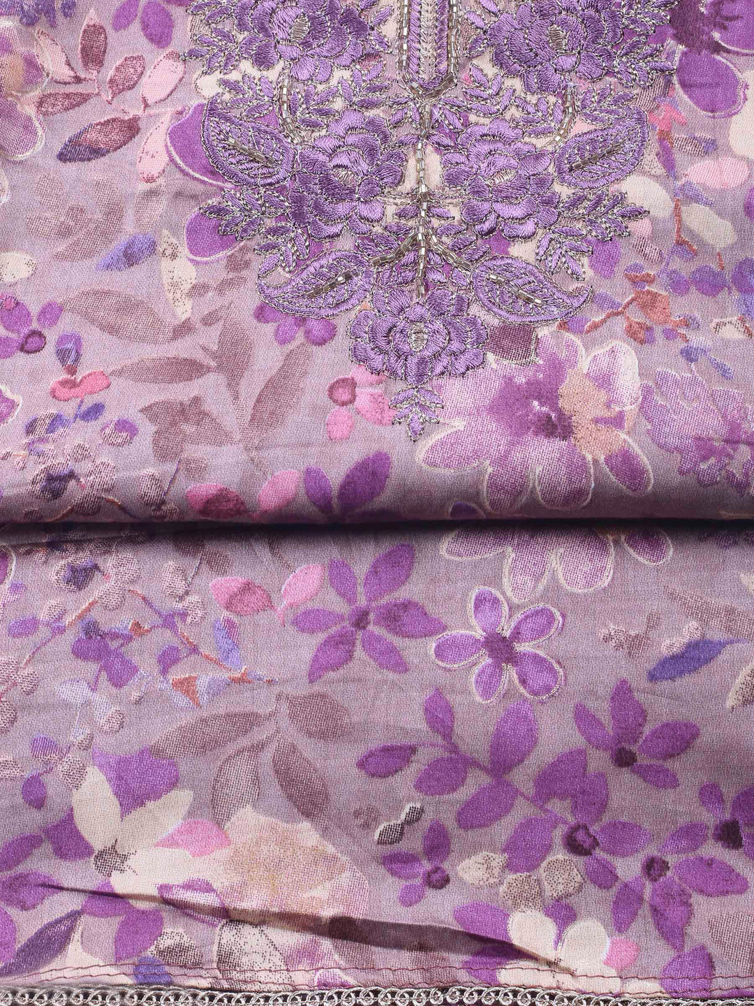 Lavender Embroidered Cotton Blend Unstitched Suit &amp; Pant With Cotton Dupatta