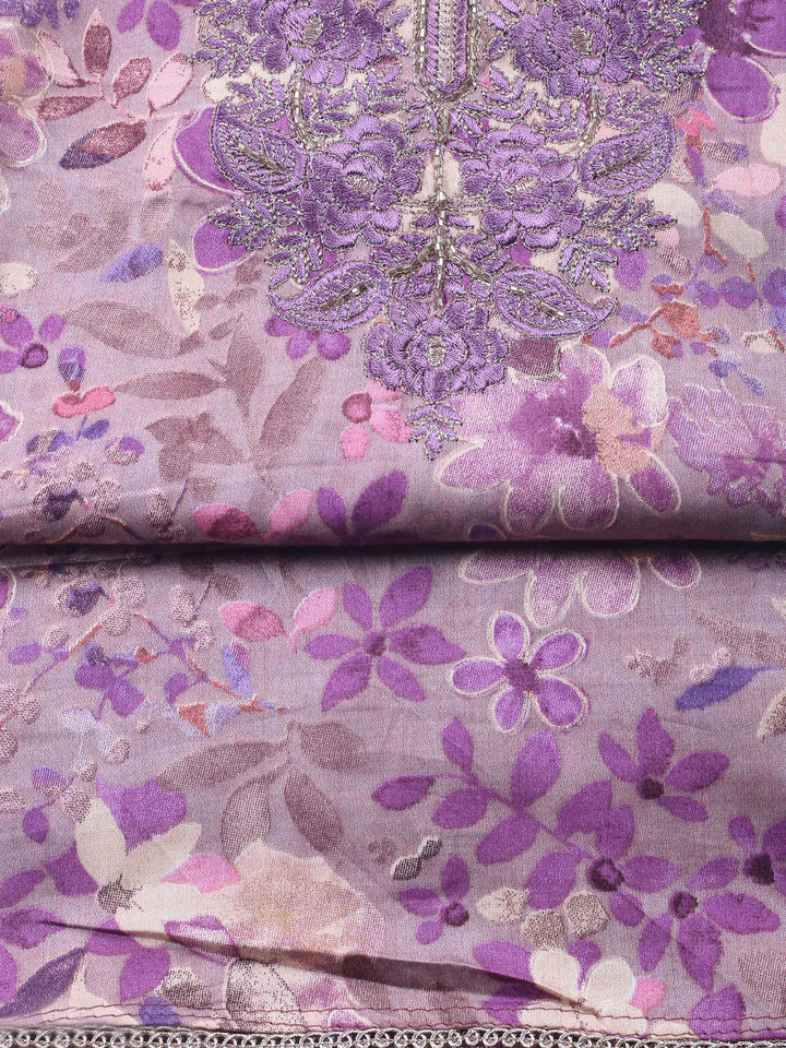 Lavender Embroidered Cotton Blend Unstitched Suit &amp; Pant With Cotton Dupatta
