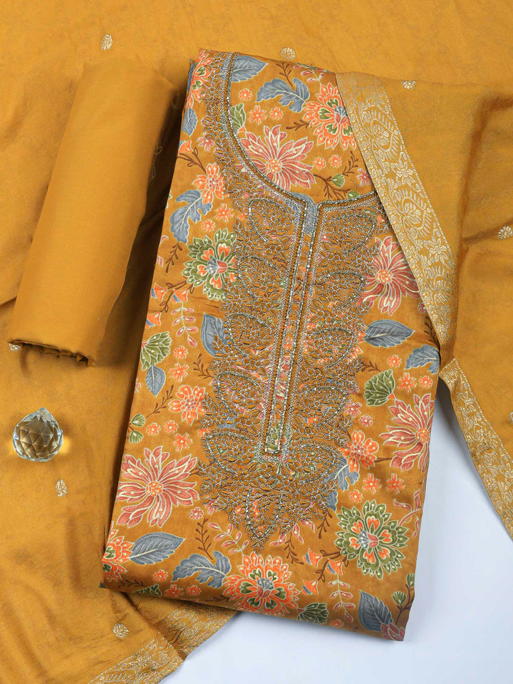 Mustard Embroidery Cotton Blend Unstitched Dress Material