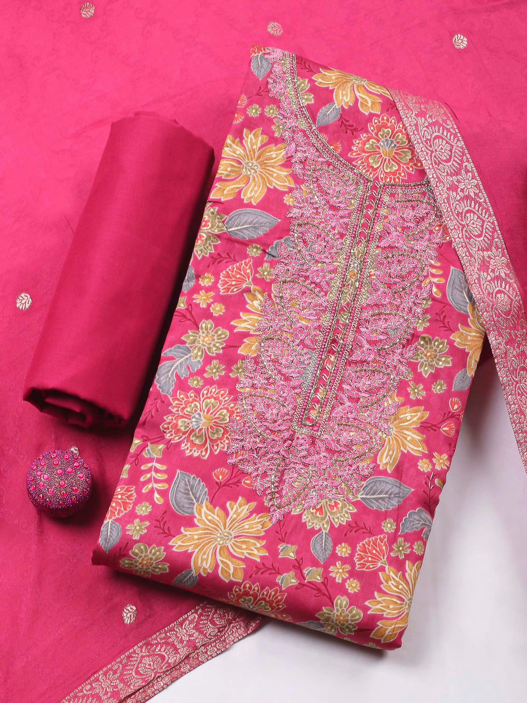 Pink Embroidery Cotton Blend Unstitched Dress Material