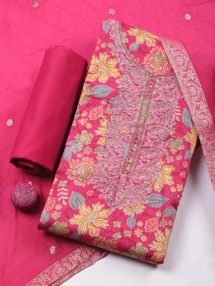 Pink Embroidery Cotton Blend Unstitched Dress Material