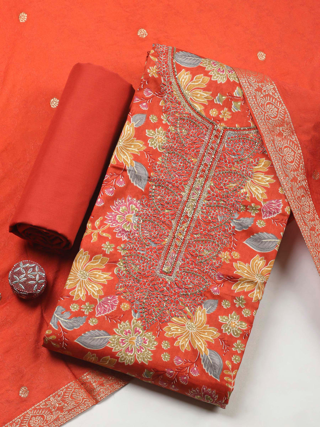 Rust Embroidery Cotton Blend Unstitched Dress Material