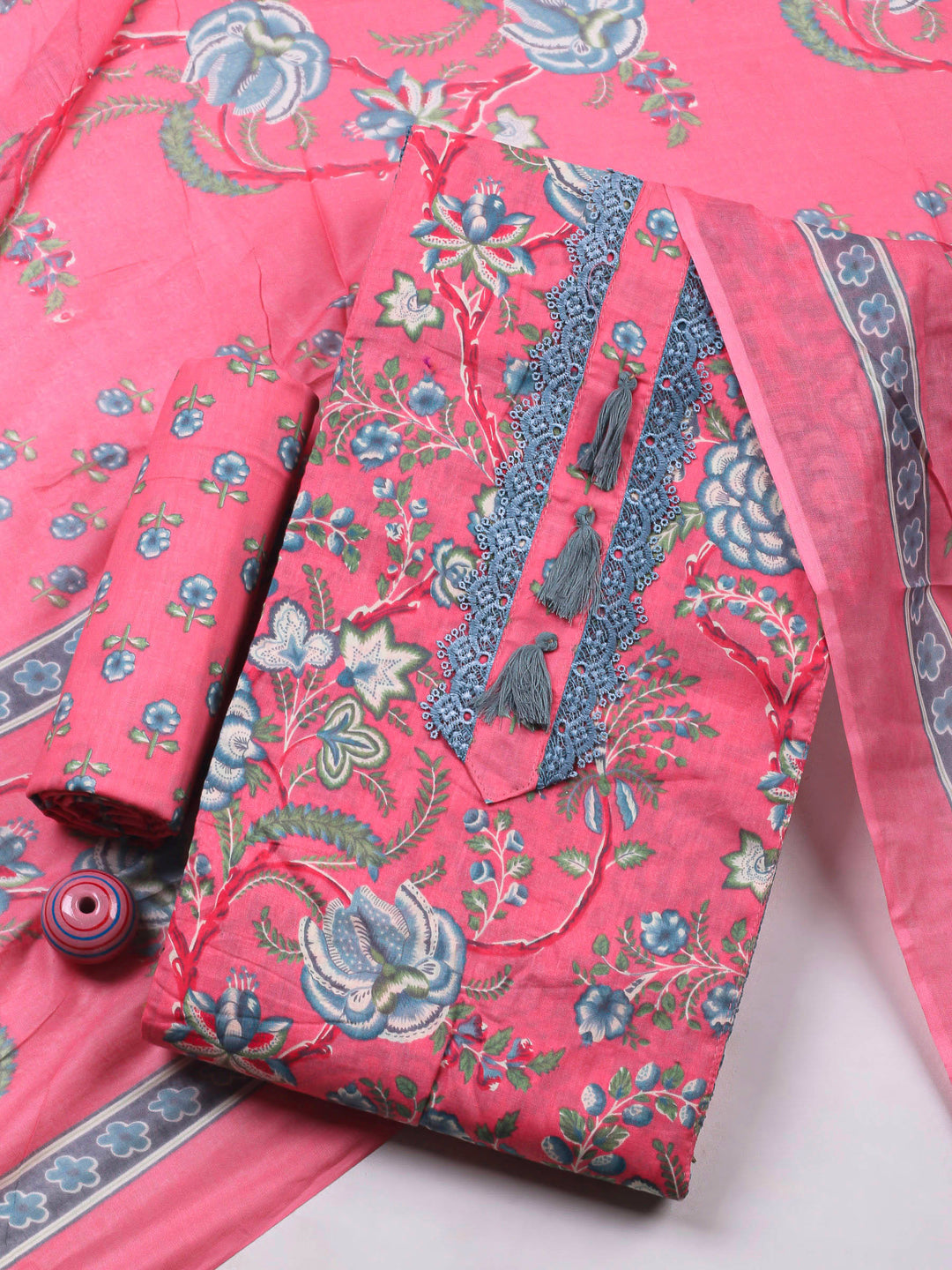 Pink Printed Cotton Blend Unstitched Dress Material