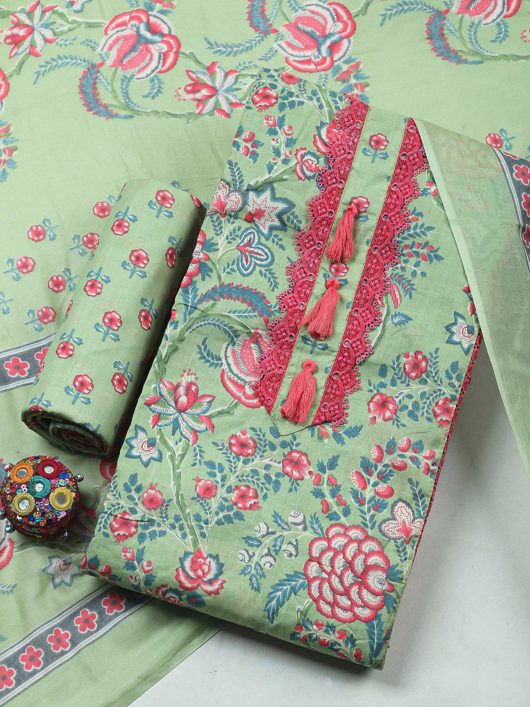 Pista Green Printed Cotton Blend Unstitched Dress Material