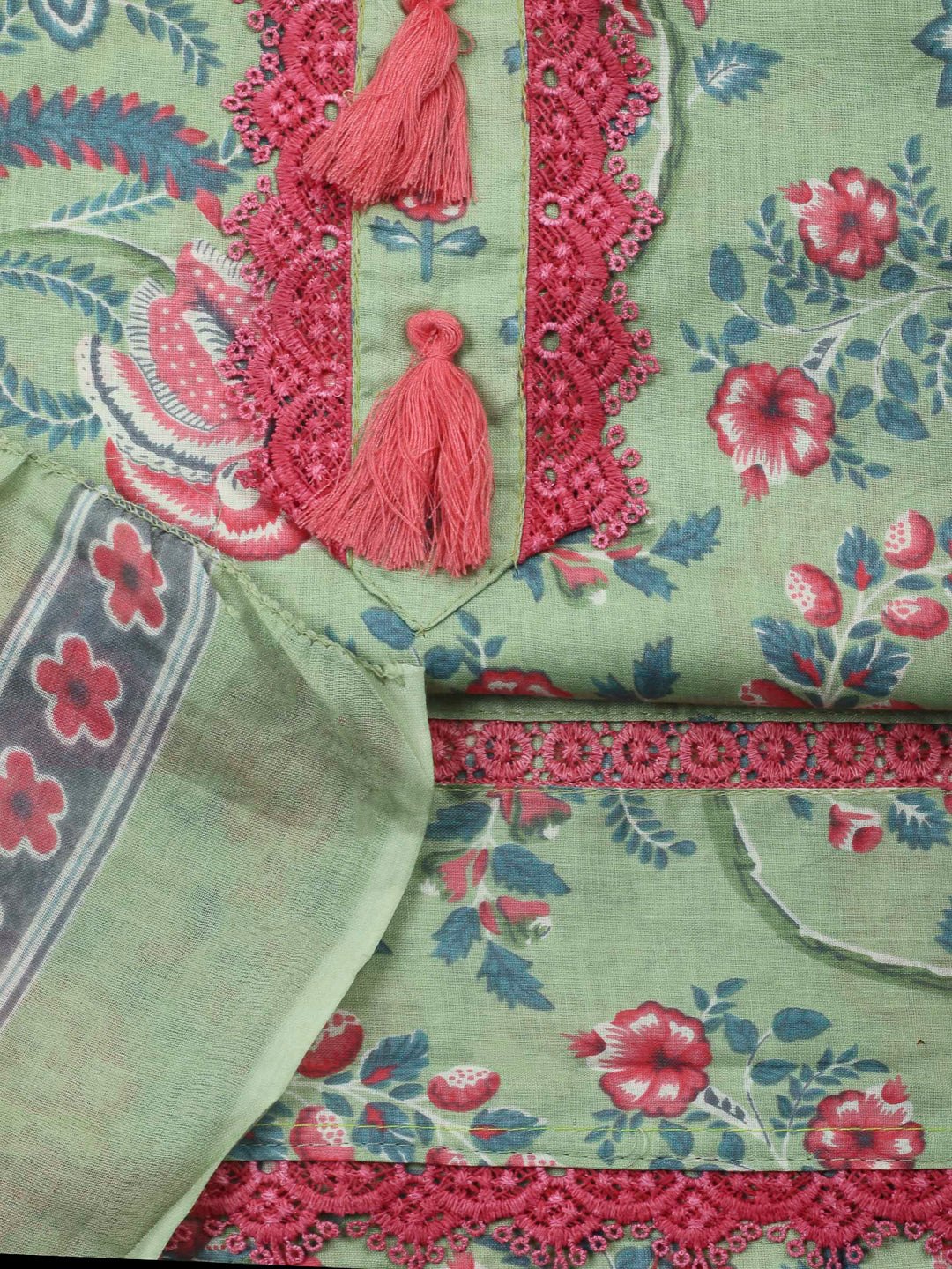 Pista Green Printed Cotton Blend Unstitched Dress Material