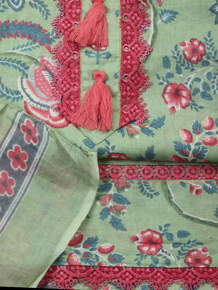 Pista Green Printed Cotton Blend Unstitched Dress Material
