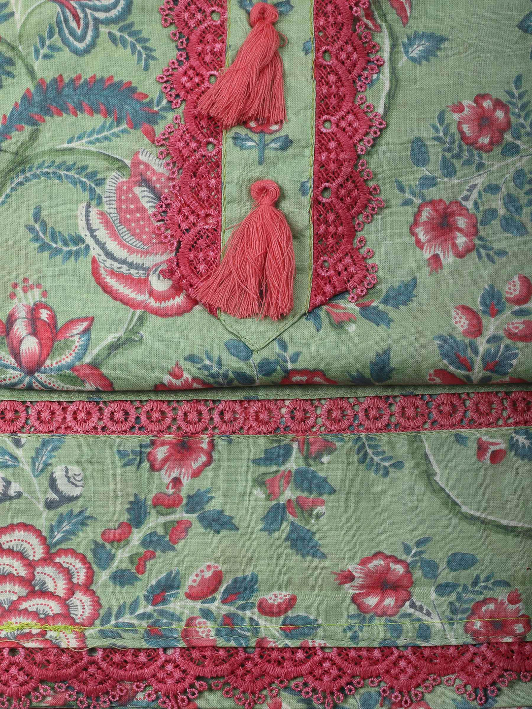 Pista Green Printed Cotton Blend Unstitched Dress Material