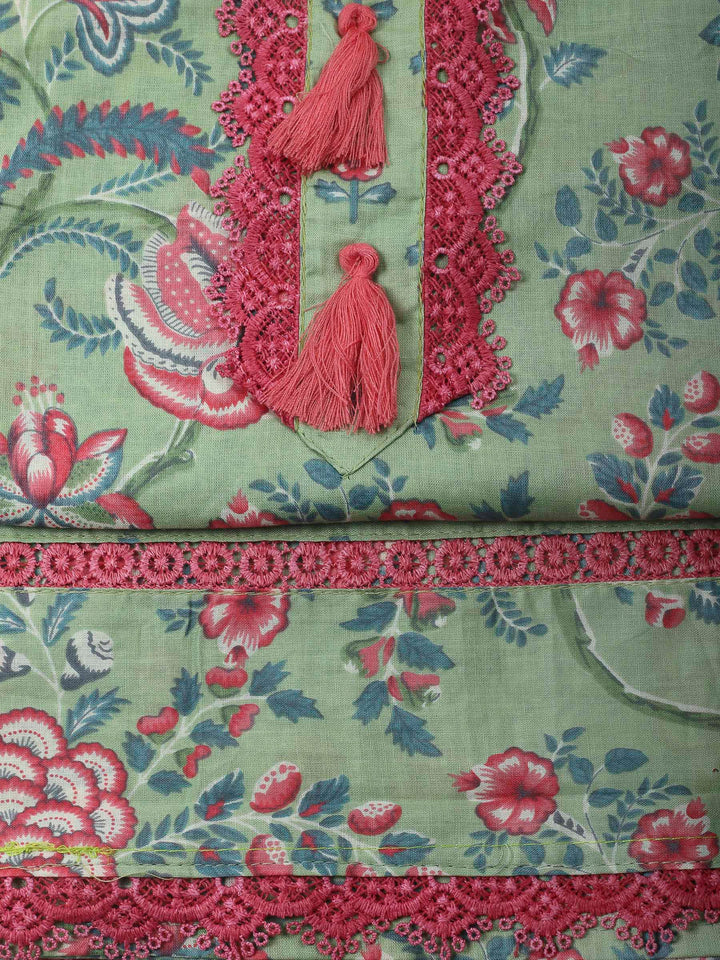Pista Green Printed Cotton Blend Unstitched Dress Material