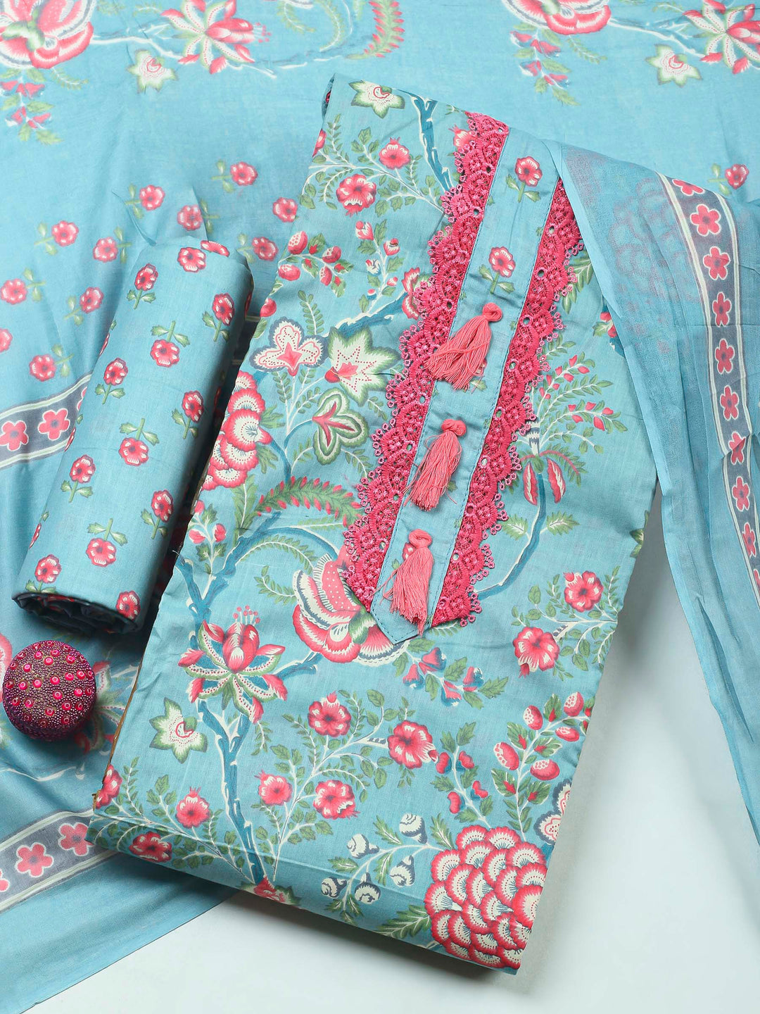 Sky Blue Printed Cotton Blend Unstitched Dress Material