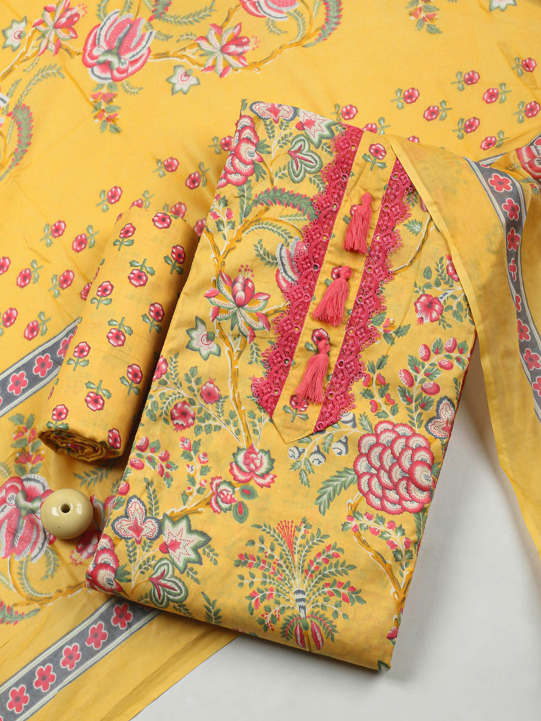 Yellow Printed Cotton Blend Unstitched Dress Material