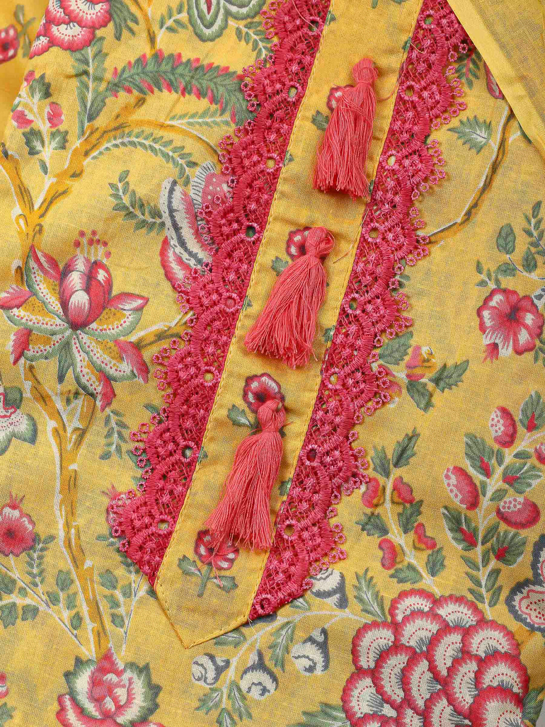 Yellow Printed Cotton Blend Unstitched Dress Material