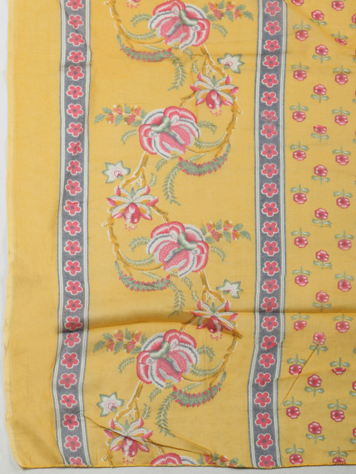Yellow Printed Cotton Blend Unstitched Dress Material