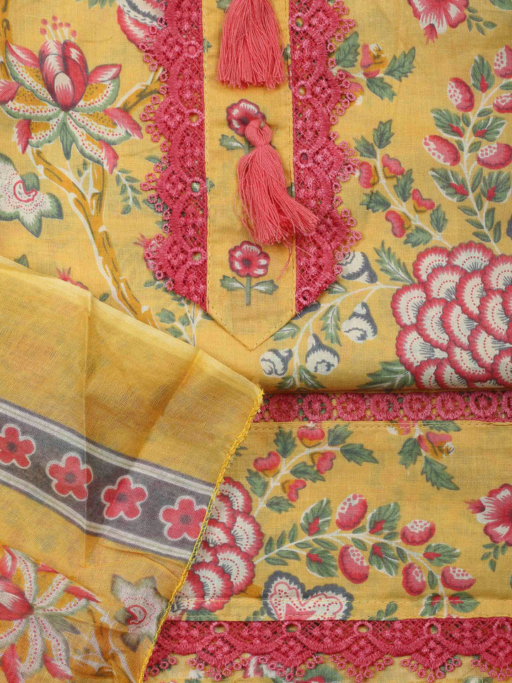 Yellow Printed Cotton Blend Unstitched Dress Material