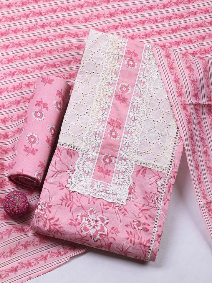 Pink Embroidery Cotton Blend Unstitched Dress Material