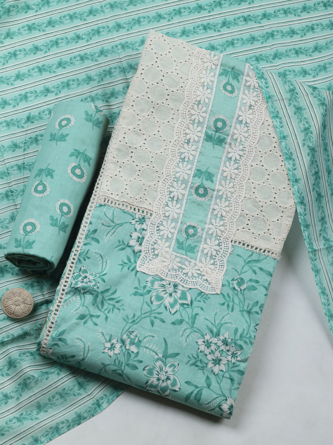 Sea Green Embroidery Cotton Blend Unstitched Dress Material