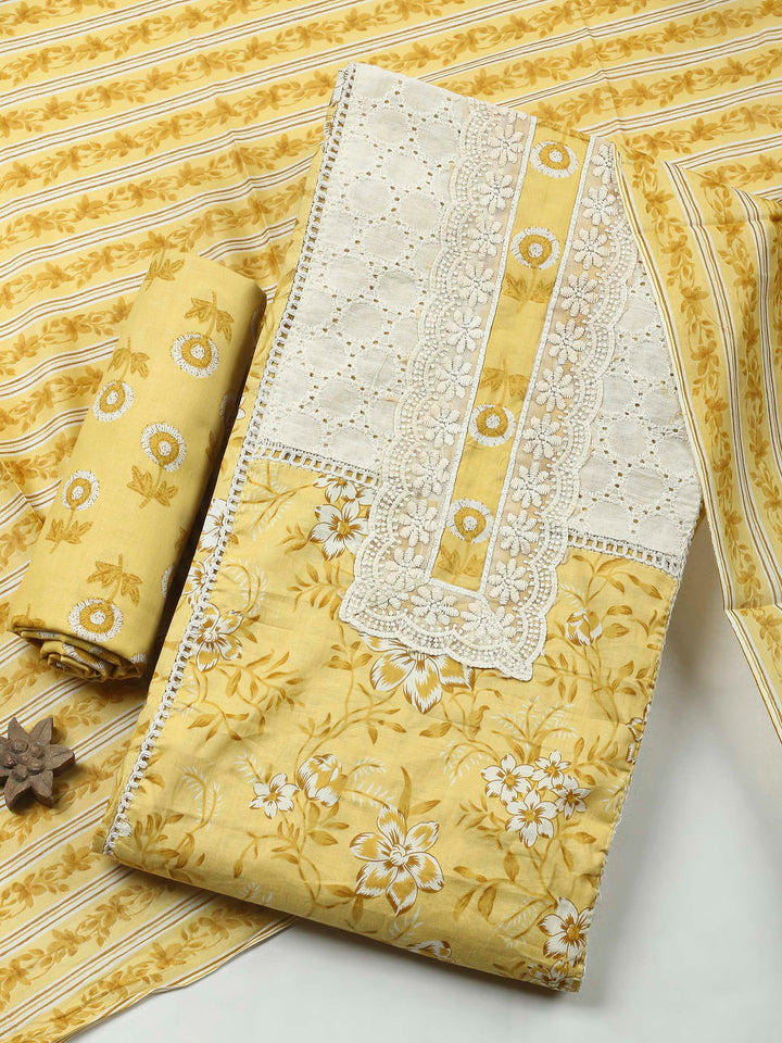 Yellow Embroidery Cotton Blend Unstitched Dress Material