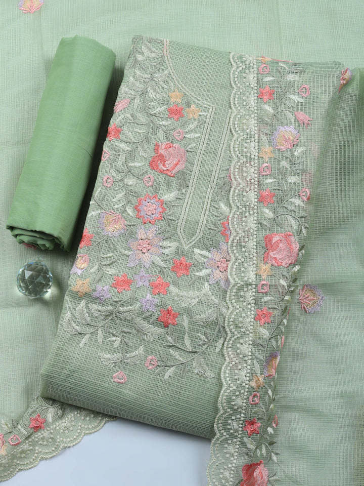 Aqua Green Embroidered Cotton Blend Unstitched Suit &amp; Pant With Cotton Dupatta