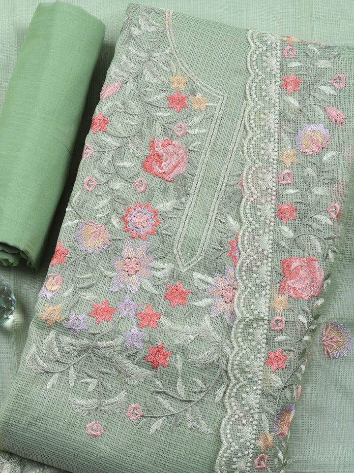 Aqua Green Embroidered Cotton Blend Unstitched Suit &amp; Pant With Cotton Dupatta