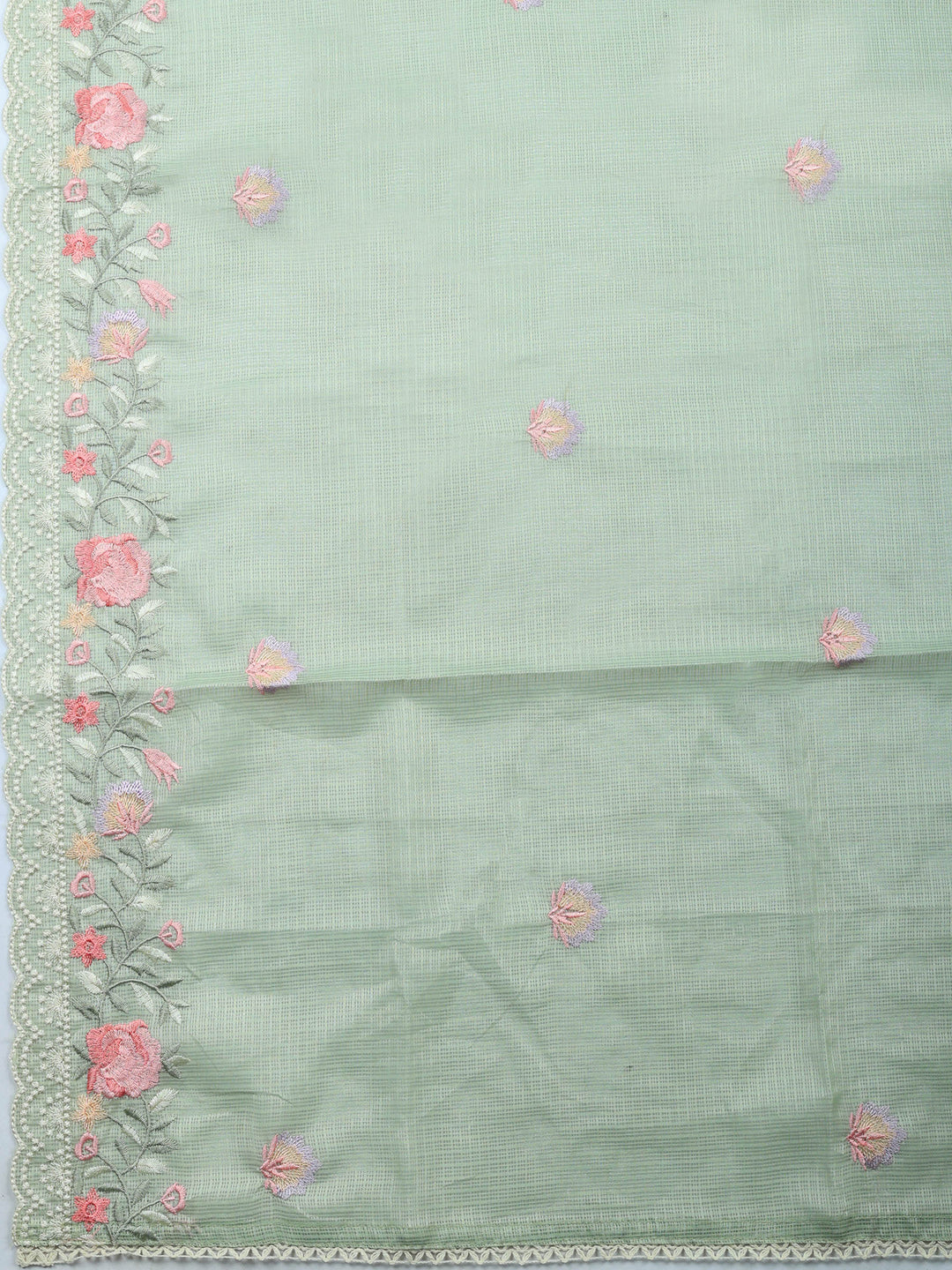 Aqua Green Embroidered Cotton Blend Unstitched Suit &amp; Pant With Cotton Dupatta
