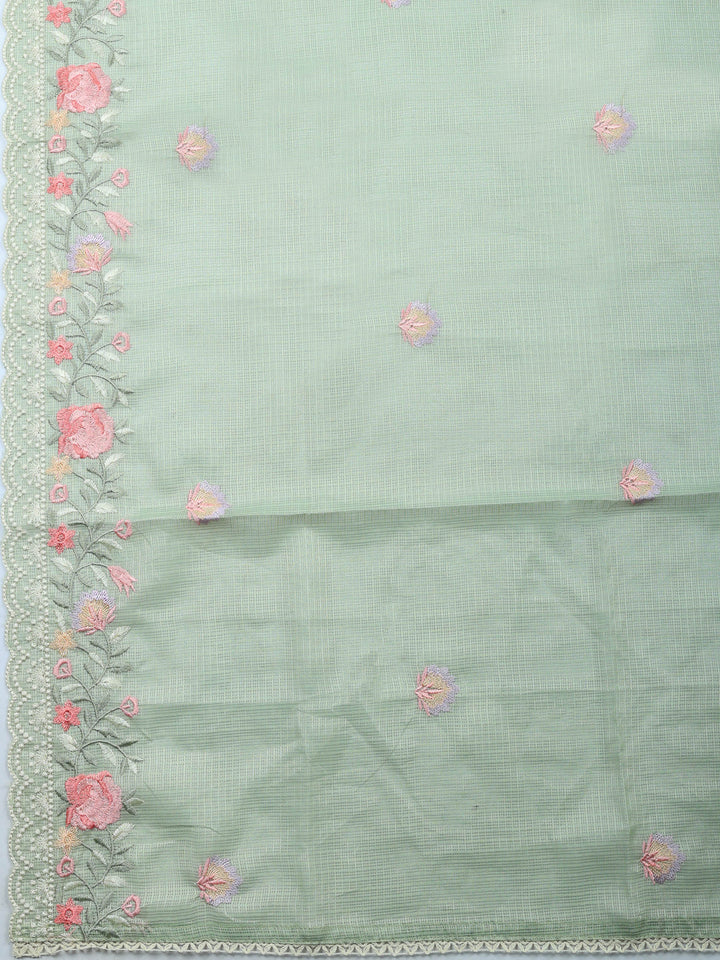 Aqua Green Embroidered Cotton Blend Unstitched Suit &amp; Pant With Cotton Dupatta