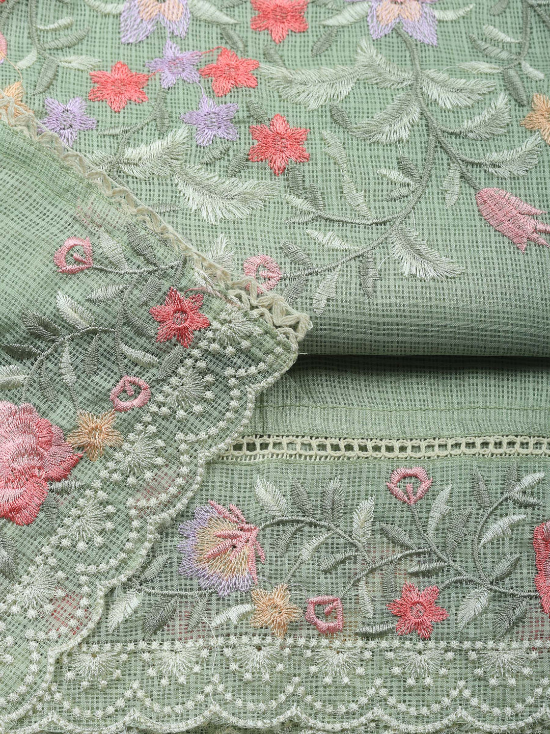 Aqua Green Embroidered Cotton Blend Unstitched Suit &amp; Pant With Cotton Dupatta
