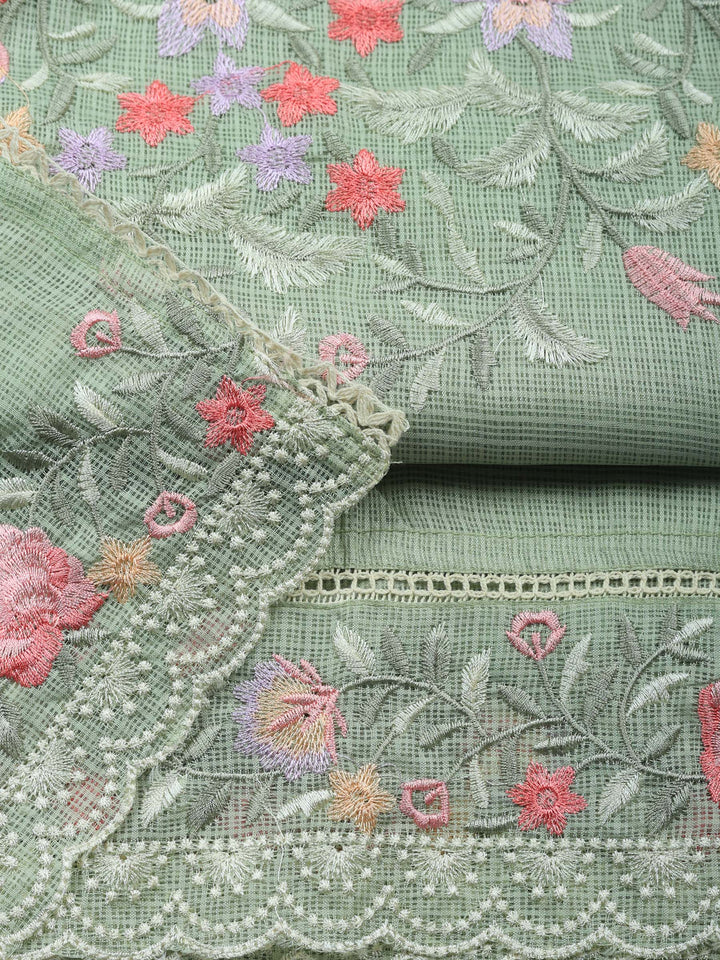 Aqua Green Embroidered Cotton Blend Unstitched Suit &amp; Pant With Cotton Dupatta