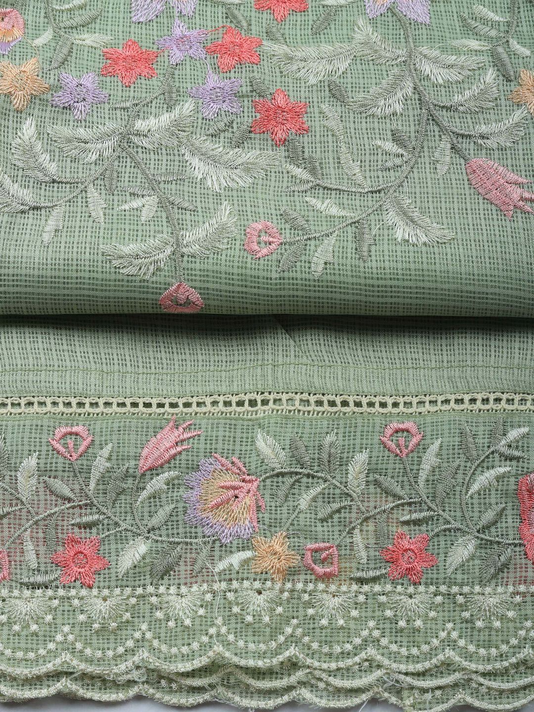 Aqua Green Embroidered Cotton Blend Unstitched Suit &amp; Pant With Cotton Dupatta