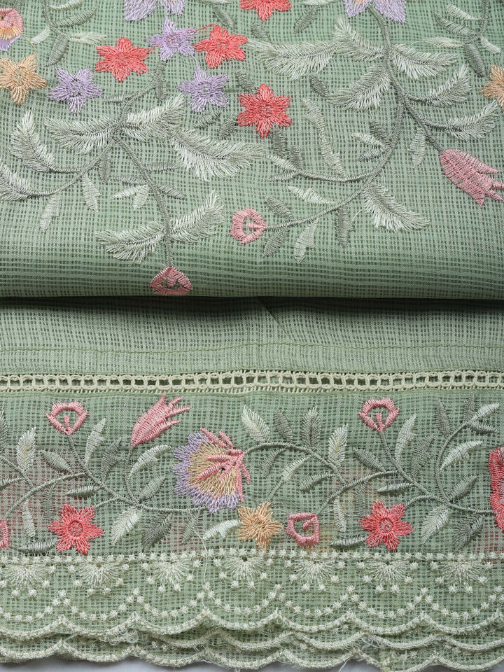 Aqua Green Embroidered Cotton Blend Unstitched Suit &amp; Pant With Cotton Dupatta