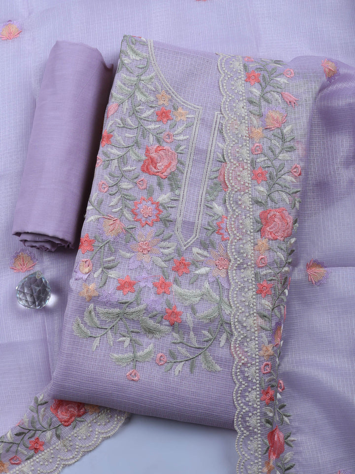 Lavender Embroidered Cotton Blend Unstitched Suit &amp; Pant With Cotton Dupatta
