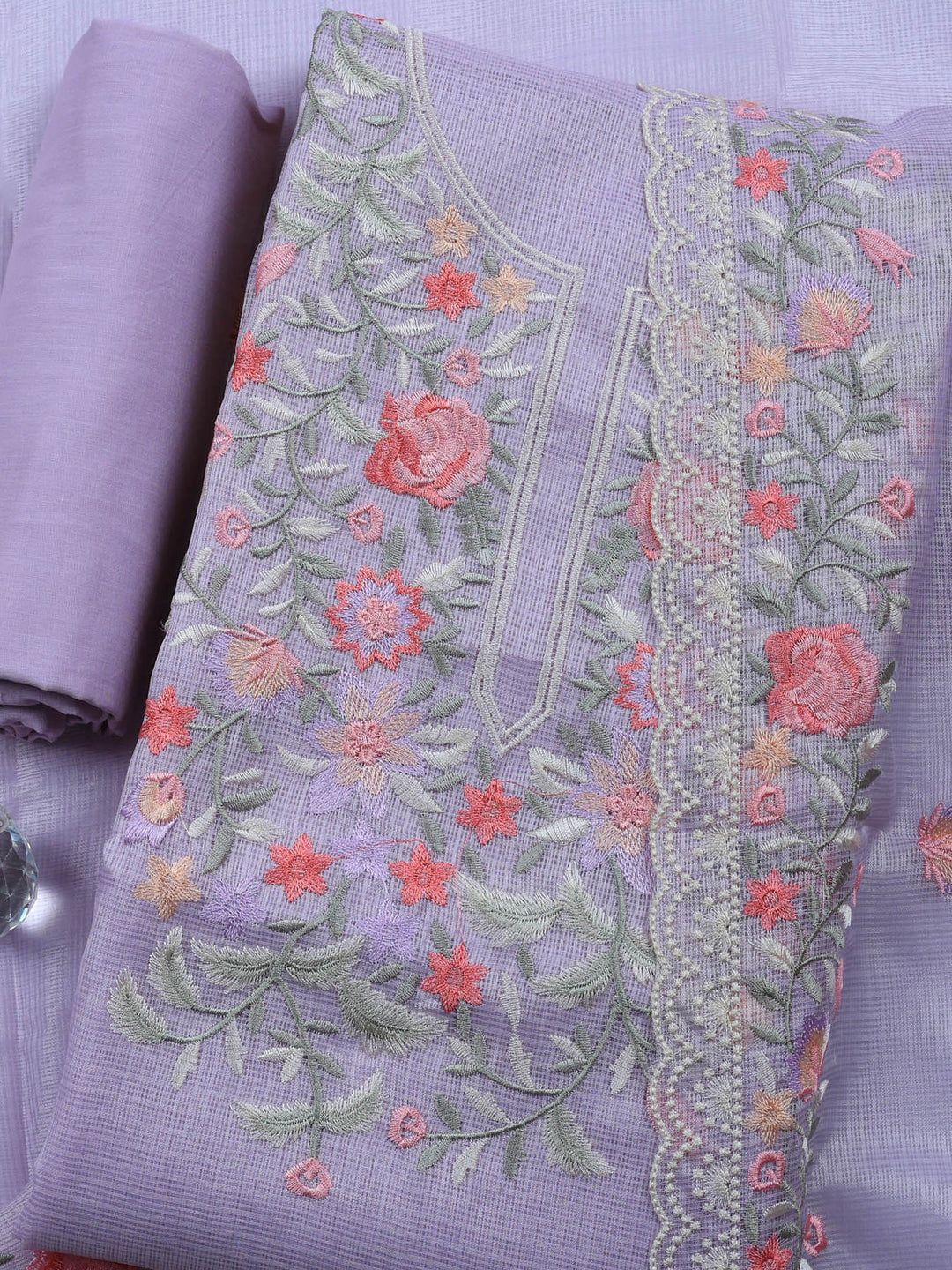 Lavender Embroidered Cotton Blend Unstitched Suit &amp; Pant With Cotton Dupatta