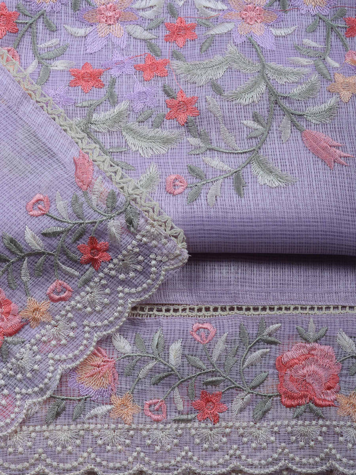 Lavender Embroidered Cotton Blend Unstitched Suit &amp; Pant With Cotton Dupatta