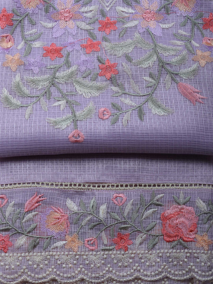 Lavender Embroidered Cotton Blend Unstitched Suit &amp; Pant With Cotton Dupatta