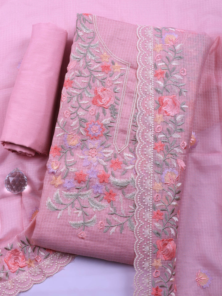 Pink Embroidered Cotton Blend Unstitched Suit &amp; Pant With Cotton Dupatta