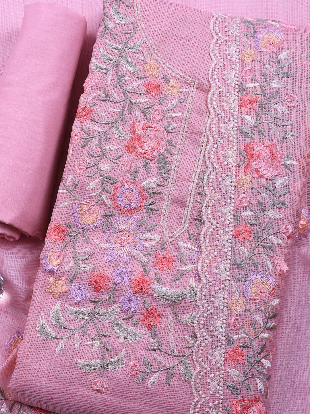 Pink Embroidered Cotton Blend Unstitched Suit &amp; Pant With Cotton Dupatta