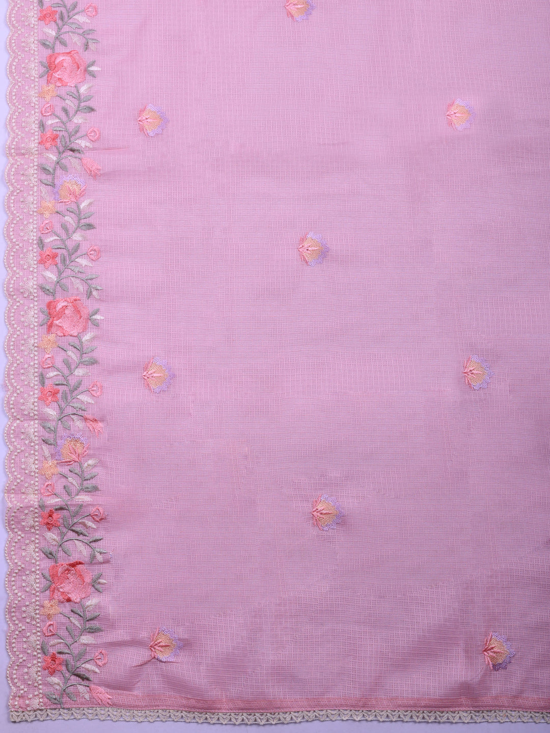 Pink Embroidered Cotton Blend Unstitched Suit &amp; Pant With Cotton Dupatta