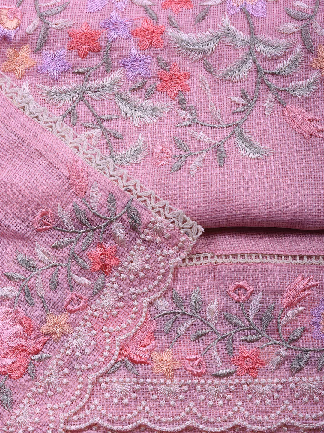 Pink Embroidered Cotton Blend Unstitched Suit &amp; Pant With Cotton Dupatta