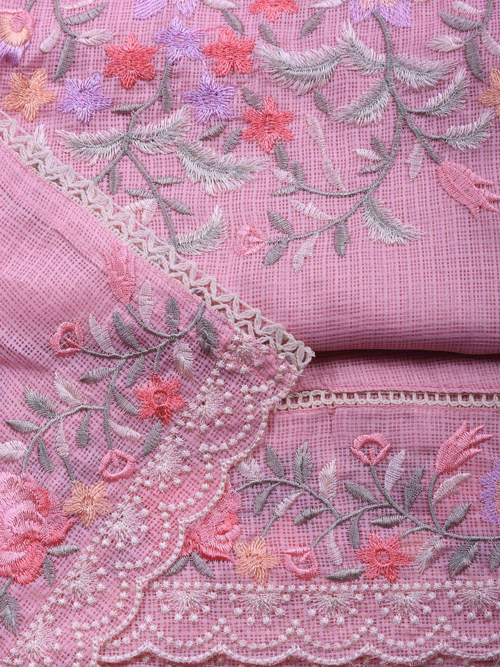 Pink Embroidered Cotton Blend Unstitched Suit &amp; Pant With Cotton Dupatta