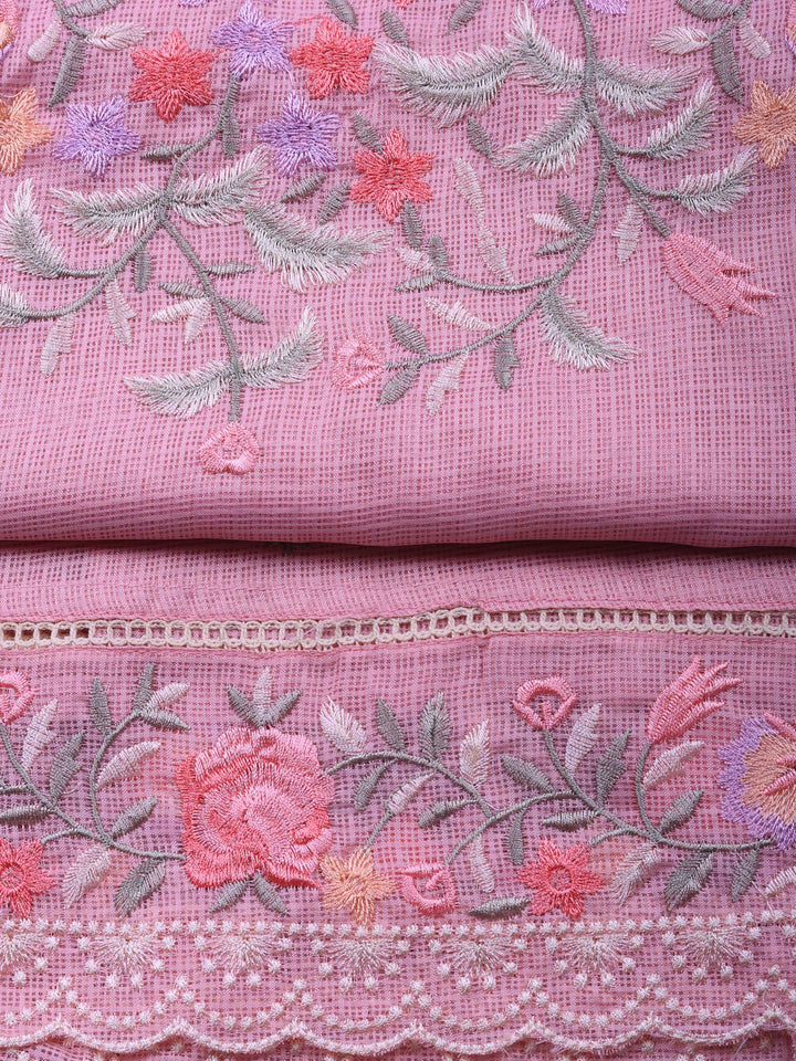 Pink Embroidered Cotton Blend Unstitched Suit &amp; Pant With Cotton Dupatta